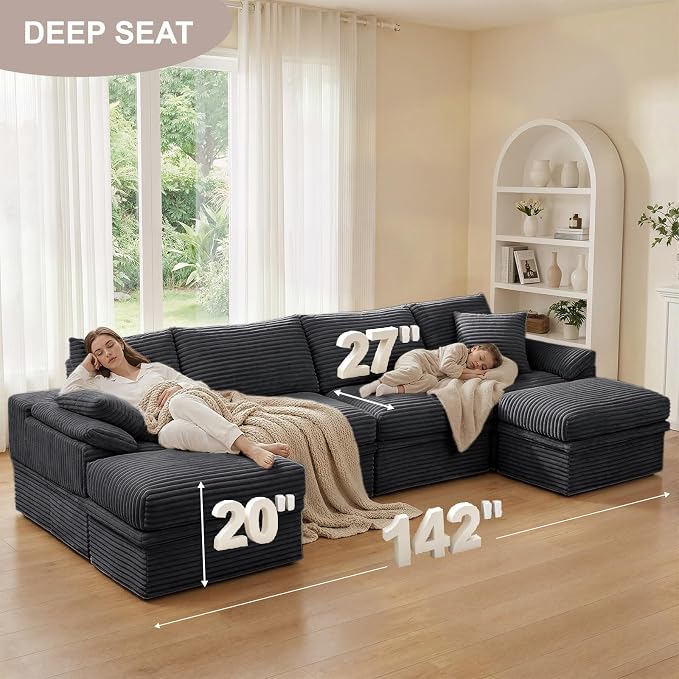 142" Modular U-Shaped Sectional Sofa with Storage, 4-Seat Corduroy Boneless Couch, 27" Deep Seat Cloud Couch & 2 Movable Ottoman, Tool-Free Assembly, Couch for Living Room, Grey