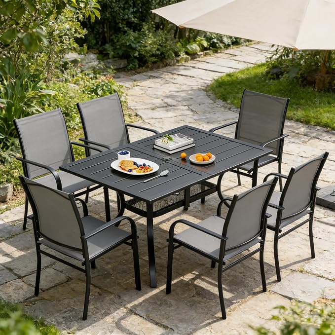 SUNCROWN 7 Pieces Outdoor Dining Set, Patio Furniture Set with 6 x Textilene Dinning Chairs and 1 Steel Slat Metal Bistro Table for Garden Lawn Backyard Deck (Grey)