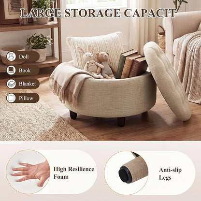 COLAMY Round Hidden Storage Ottoman with Reversible Tray Lid – Multi-Functional Footrest, Sturdy & Stylish Fabric Coffee Table for Living Room, Bedroom, or Entryway, Camel