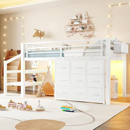 Bellemave Twin Size Low Loft Bed with 9 Fabric Storage Drawers for Kids,Metal Loft Bed Frame with Stairs and LED Lights for Boys Girls,Kids Loft Bed Twin Size,White