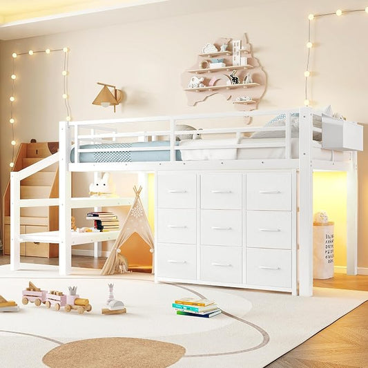 Bellemave Twin Size Low Loft Bed with 9 Fabric Storage Drawers for Kids,Metal Loft Bed Frame with Stairs and LED Lights for Boys Girls,Kids Loft Bed Twin Size,White