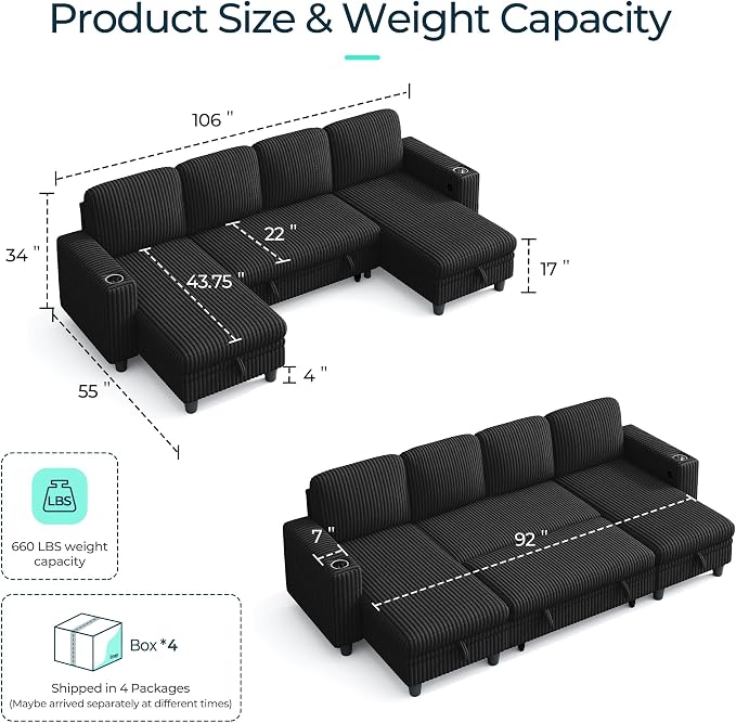 LINSY HOME Sectional Sleeper Sofa Pull Out Couches for Living Room (Black, Sleeper Sofa 3) | Pull Out Sofa Bed, Storage, USB Charging, Cup Holders, Plush Corduroy