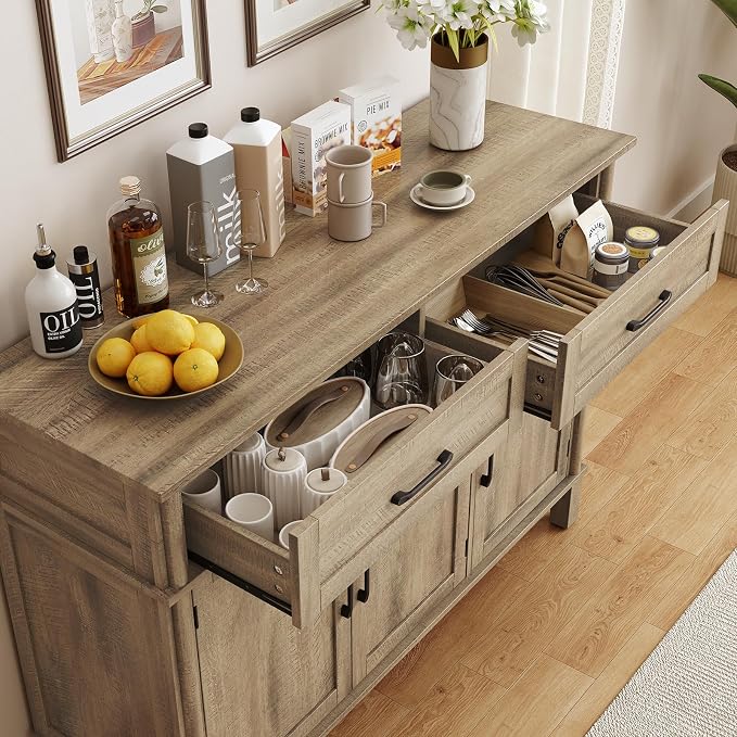 ONBRILL 48 Inch Buffet Cabinet with Storage, Farmhouse Sideboard Buffet w/2 Drawers and 3 Doors, Coffee Bar Cabinet with Adjustable Shelves, Sideboard Storage for Kitchen, Living Room, Washed Grey