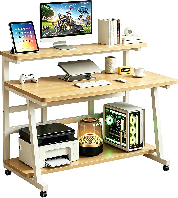 Rolling Computer Desk, 31.5 Inch Small Desks For Small Space, Portable Small Computer Desk with Monitor Stand & 3-Tier Storage, Portable Desk on Wheels for Writing, Home Office, Small Desk for Bedroom