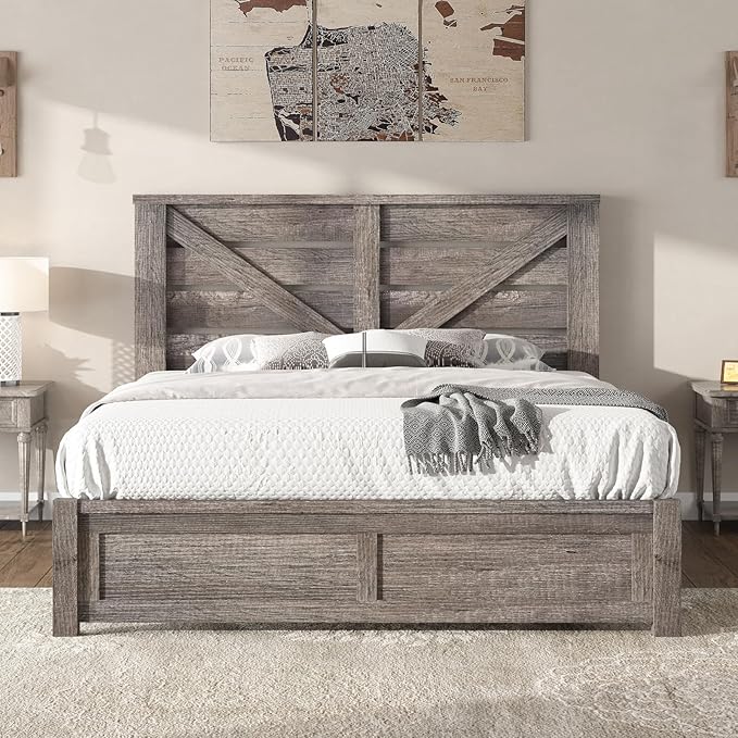 AMERLIFE Full Size Bed Frame with 49.2" Barn Door Headboard and Footboard, Farmhouse Platform Bed Frame with Wood Slats, No Box Spring Needed, Under Bed Storage, Rustic Gray