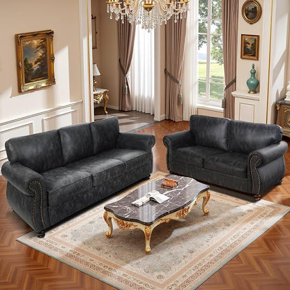 Couchus Mid-Century Vintage Sofa Couches with Rivet Design,3-Seater Sofa,Removable Sofa Cover Upholstered Cushions and Solid Wood Frame (Grey, 3-Seater)