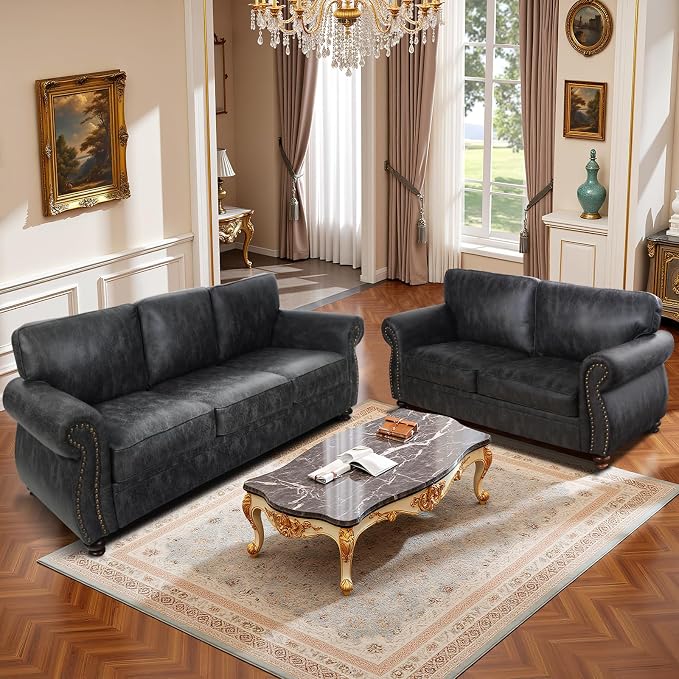 Couchus Mid-Century Vintage Sofa Couches with Rivet Design,loveseat Sofa,Removable Sofa Cover Upholstered Cushions and Solid Wood Frame (Grey, Loveseat)