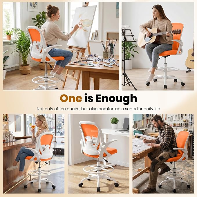 Primy Drafting Chair Tall Office Chair with Flip-up Armrests Executive Ergonomic Computer Standing Desk Chair with Lumbar Support and Adjustable Footrest Ring (Sunset Orange)