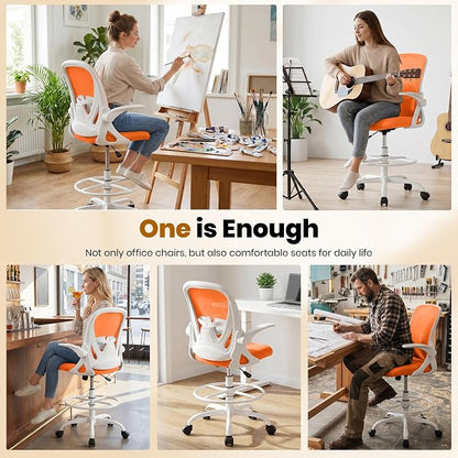 Primy Drafting Chair Tall Office Chair with Flip-up Armrests Executive Ergonomic Computer Standing Desk Chair with Lumbar Support and Adjustable Footrest Ring (Sunset Orange)