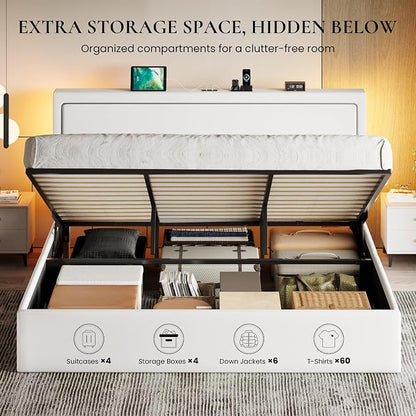 SHA CERLIN King Size Hydraulic Lift-Up Storage Platform Bed Frame with Charging Station, RGB LED Lights, Adjustable Velvet Headboard, USB-A and USB-C Ports, No Box Spring Needed, White