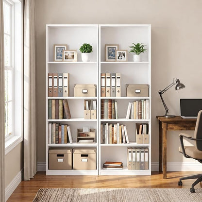 Furinno Jaya Book Shelf Set of 2, 5-Tier Bookshelf, Bookcase, with Adjustable Shelf, 9.5 x 24.5 x 71, for Home Office, Living Room, White