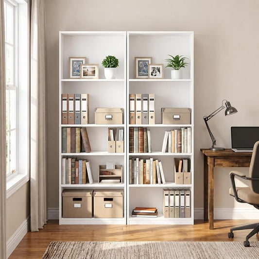 Furinno Jaya Book Shelf Set of 2, 5-Tier Bookshelf, Bookcase, with Adjustable Shelf, 9.5 x 24.5 x 71, for Home Office, Living Room, White