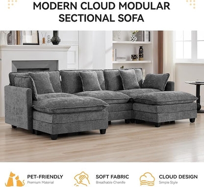 111'' Sectional Cloud Deep Seat Couch, Oversized Chenille U Shaped Sectional Sofa for Living Room Set, Comfy Upholstered Modular 3-Seats Sectional Sofa Couch with 2 Movable Ottoman, Grey