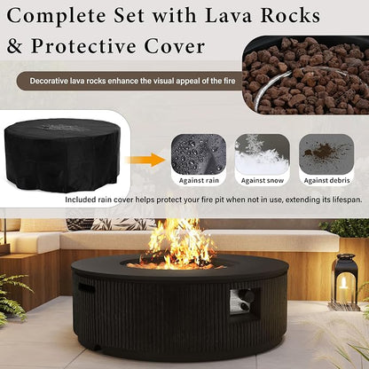 Merax 38.19'' MGO Propane Outdoor Fire Pit with Vertical Stripe Design, 50000 BTU Round Fire Pit Table with Steel Burner, Adjustable Flame Control, Lava Rocks & Rain Cover for Patio&Backyard, Black