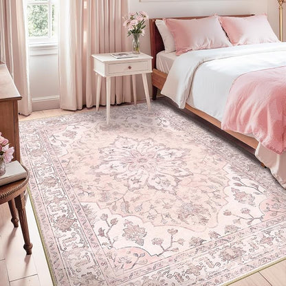 RELEANY Area Rugs 5'x7' Washable Non-Slip, Floral Vintage Distress Medallion Carpet for Living Room Bedroom Dining Room, Pink Greypink Cute
