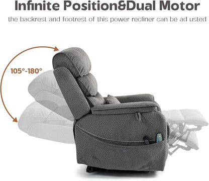 JIKFRIMA Power Lift Recliners Chairs for Elderly Adults Lay Flat Recliner with Heat & Massage, Wireless Charging Device, USB Ports, Cup Holder, Lumbar Pillow, 400Lbs（Grainy Fibric,Grey）