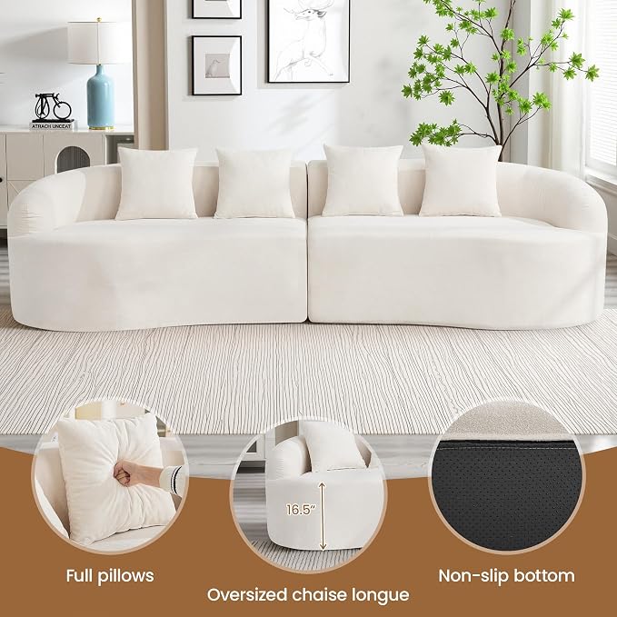 110" Boneless 4 Seater Sectional Sofa, Chenille Oversized Curved Cloud Couch, Modern 4-Seater Deep Seat Couches for Living Room, No Assembly, Beige