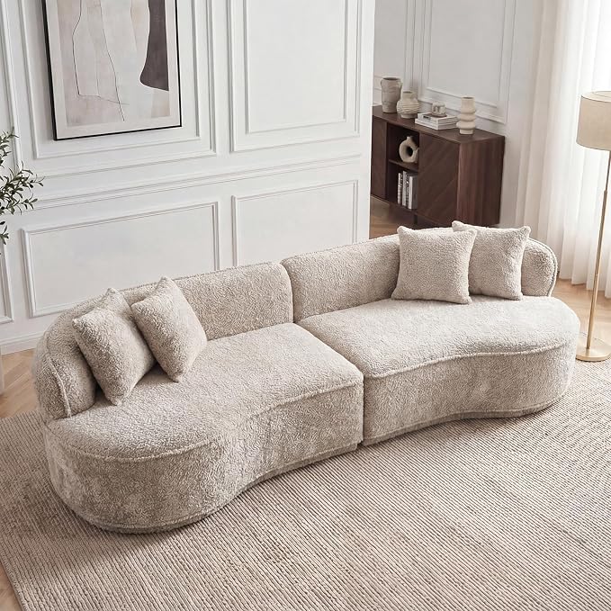 114" Curved Sectional Sofa Couch, Modern Comfy Chenille Memory Foam Sofa Deep Seat Couches, 4 Seater Oversized Boneless Cloud Couch with 3 Throw Pillows for Living Room (Camel, 114.2 Inch)