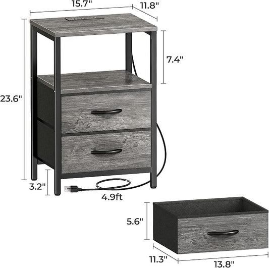 Huuger Nightstand with Charging Station, Fabric Drawers, End Table with Open Shelf, Bedside Table with USB Ports and Outlets, Night Stand for Bedroom, Gray