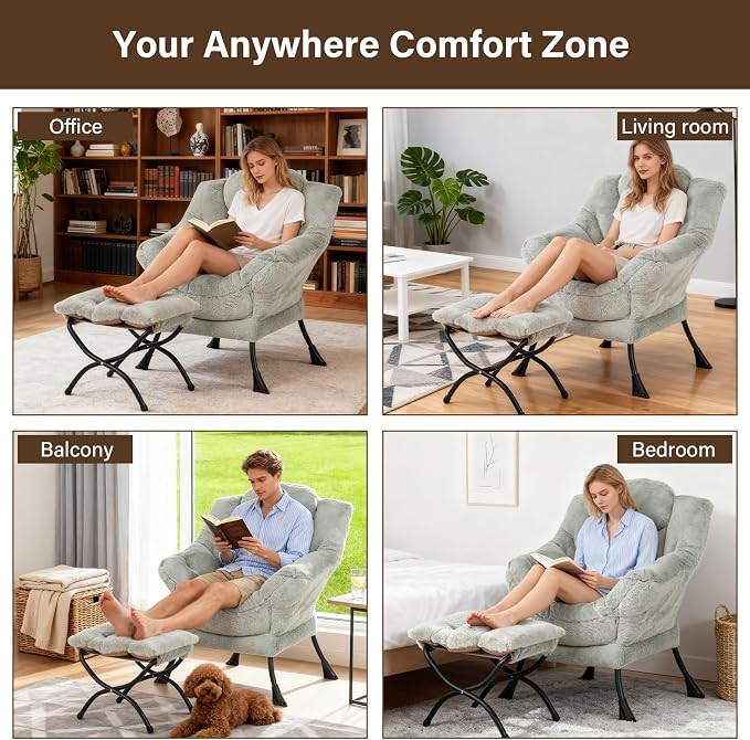 Welnow Lazy Chair with Ottoman, Modern Accent Chair with Armrests and a Side Pocket, Leisure Sofa Armchair, Reading Armchair with Footrest for Small Space, Plush Green
