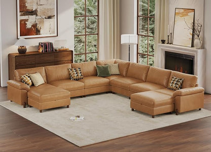 SITJOY Large Cloud Couch, 138" Wide 7 Seater V Shape, Faux Leather in Brown | Pet-Friendly Scratch-Resistant Leather Sectional Sofas for Living Room, Deep Seat Wide Couch with Chaise, Storage Ottoman