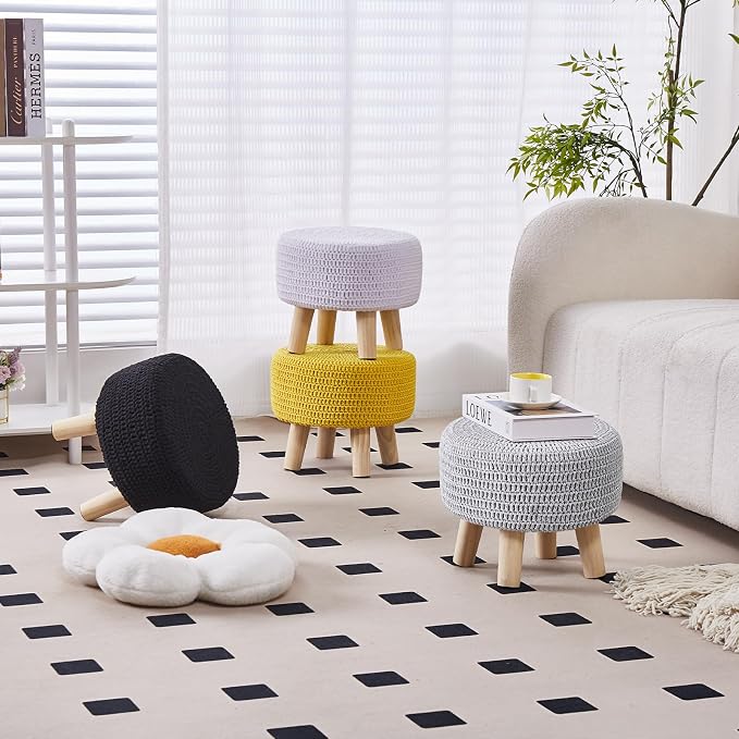 Wimarsbon Small Ottomans, 100% Hand Knitted Pouf Ottoman, Round Footrest with 4 Non-Skid Wood Legs, Boho Décor Cotton Rope Pouffe Beside Sofa, Leisure Floor Step Chair for Living Room (Grey)