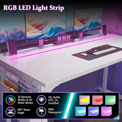 DurayLoly 32" Computer Desk with Waterproof LED Lights,Bedroom Study Desk for Teens, Dorm Room Essentials,Headphone Hook&Storage Bag for Small Spaces,Sturdy Metal Frame,White