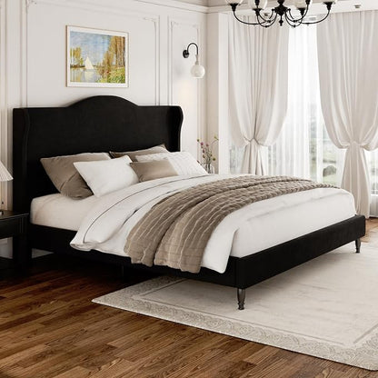 King Size Bed Frame with Wingback Headboard, Upholstered Velvet Platform Bed Frame Easy Assembly, Heavy Duty Wooden Slats Support, Noise-Free, No Box Spring Needed, Minimalist Style, Black