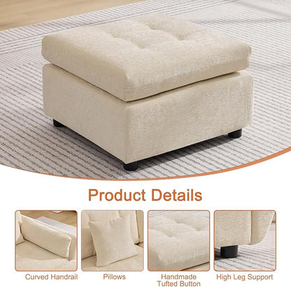 24" Square Modular Ottoman for Sectional Sofa, Tufted Chenille Upholstered Footrest, Cloud Sofa Ottoman for Living Room, Beige
