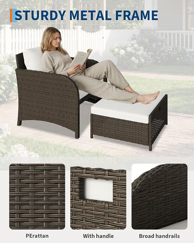 Garvee 5-Piece Outdoor Patio Conversation Set, PE Rattan Wicker Patio Furniture with Hidden Ottomans, Soft Cushions & Glass Coffee Table, Outdoor Lounge Chairs for Porch, Backyard, Balcony