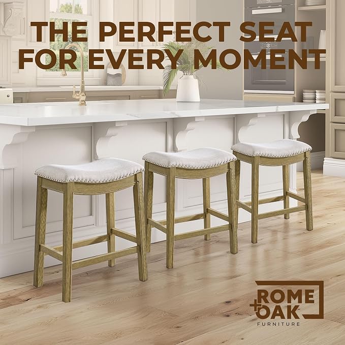 ROME + OAK Set of 2 Parker 26" Counter Stool, Backless Saddle Kitchen Barstool in Natural Wood Finish with Wheat Cream Fabric Upholstery Cushion Seat