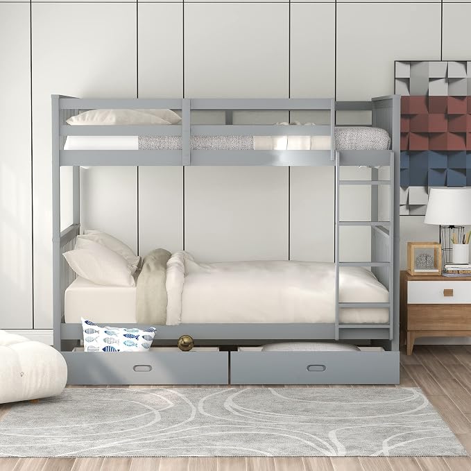 Merax Twin-Over-Twin Bunk Bed with Two Storage Drawers, Solid Wood Twin Size Bunk Bed with Guardrial and Removble Ladder, Can be Converted Into 2 Separate Beds, Grey