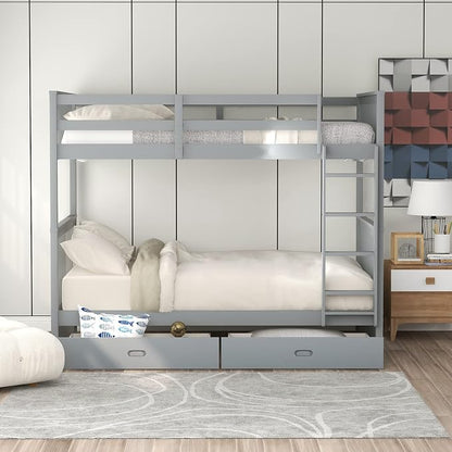 Merax Twin-Over-Twin Bunk Bed with Two Storage Drawers, Solid Wood Twin Size Bunk Bed with Guardrial and Removble Ladder, Can be Converted Into 2 Separate Beds, Grey