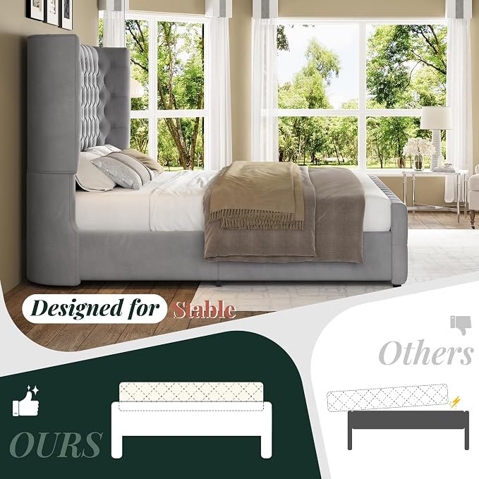 Jocisland King Size Upholstered Bed Frame with 6.3-Inch Curved Wingback Headboard, Tufted Footboard, Wood Slats, No Box Spring Needed, Light Grey Velvet
