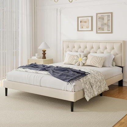 CXVX King Size Platform Bed Frame with Upholstered Velvet Button Tufted Headboard, Mattress Foundation with Wooden Slat Support, No Box Spring Needed, Easy Assembly, Noise Free, Beige