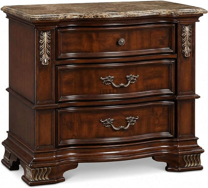 Furniture of America Clairibel Wood 3-Piece Bedroom Set, California King-Size Bed with Button-Tufted Headboard, Marble Top Nightstand & Dovetail Drawers, Box Spring Required, Brown Cherry