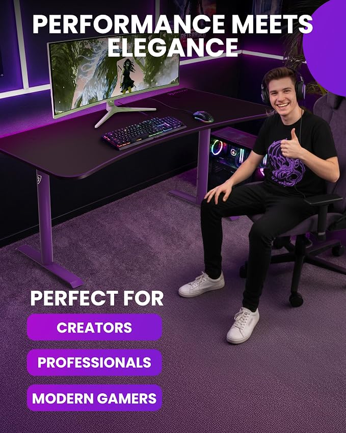Arozzi Arena Large Gamer Desk - 63x32” Adjustable Height PC Gaming Desk with Storage for Cables & Triple-Monitor Support - Full-Surface Washable Mousepad - Purple