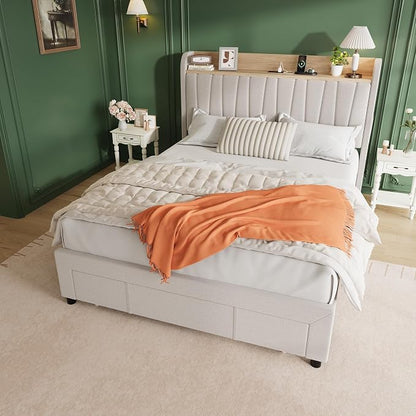 Garvee Upholstered Bed Frame Full Size with Storage Headboard and Charging Station, Platform Bed Frame with Drawers, Heavy Duty, No Box Spring Needed, Easy Assembly, Beige