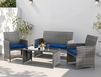 4 Piece Patio Ratten Set Outdoor Furniture Set Wicker Conversation Set with Cushions and Tempered Glass Tabletop,Deep Blue