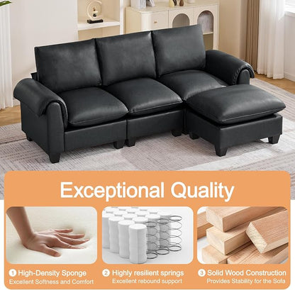 96" Faux Leather Modular Sectional Sofa with Movable Ottoman, Oversized 3 Seater Couch with Curved Armrests, Cloud Modern L-Shaped Sofa Deep Seat for Living Room, Black