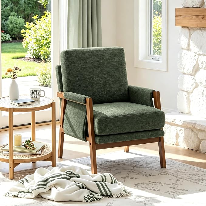 RNKSFX Green Accent Chair for Bedroom & Living Room, Mid Century Modern Accent Arm Chair, Upholstered Anthropologie Accent Chair with Solid Wood Frame, Fabric