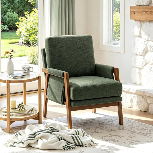 RNKSFX Green Accent Chair for Bedroom & Living Room, Mid Century Modern Accent Arm Chair, Upholstered Anthropologie Accent Chair with Solid Wood Frame, Fabric