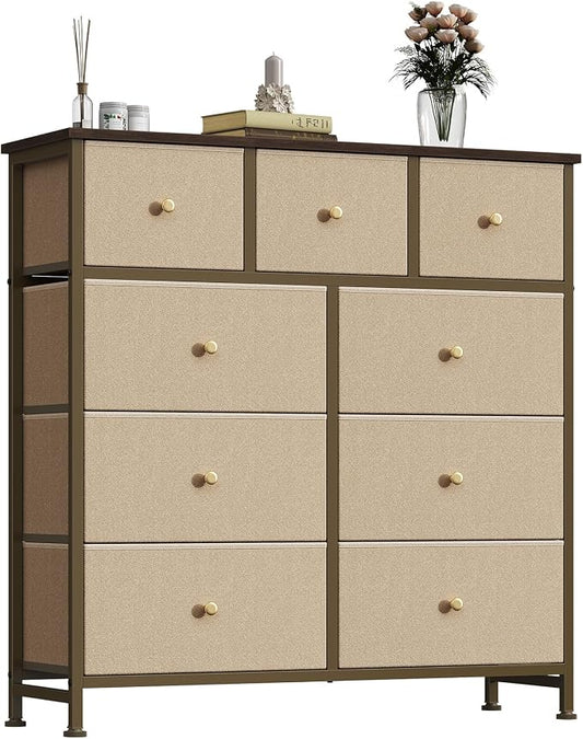OLIXIS 9 Drawer Storage Dresser with Wood Top - Wide Fabric Chest Organizer for Bedroom, Closet, Living Room,Tower Cabinet, TV Stand, Hallway Entryway Furniture,Khaki