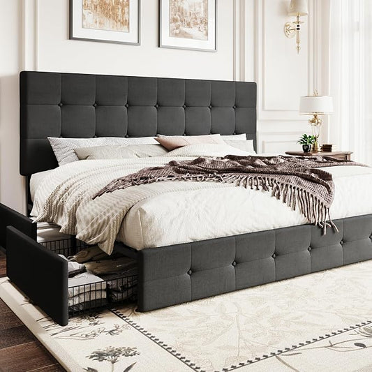 SHA CERLIN Upholstered King Size Platform Bed Frame with 4 Storage Drawers, Adjustable Headboard with Square Stitched Button Tufted Design, Wooden Slat Support, No Box Spring Needed, Dark Grey