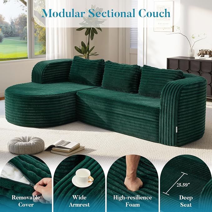 Hobestluk Modular Sectional Sofa Couches L-Shape Couch 3 Seat Modular Sofa Memory Foam Sectional Couches for Living Room, Cloud Couch (Round Green, 96", Left Hand Facing)