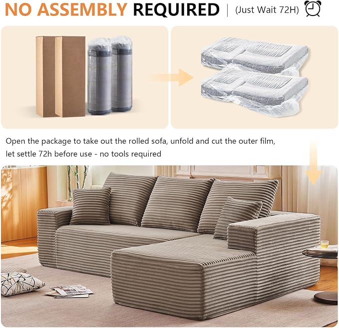 96" Modular Sectional Sofa, Modern Corduroy Cloud Couch with Deep Seat, Boneless Couch Upholstered 3-Seater L-Shaped Sofa for Living Room, No Assembly Required (Camel, Right-Facing Chaise)