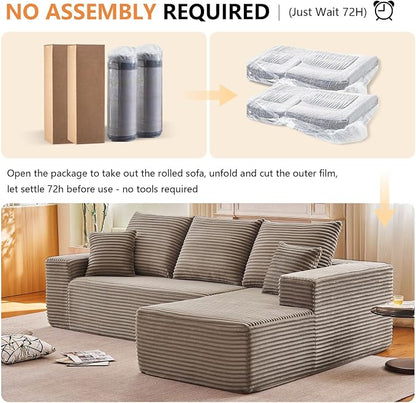 96" Modular Sectional Sofa, Modern Corduroy Cloud Couch with Deep Seat, Boneless Couch Upholstered 3-Seater L-Shaped Sofa for Living Room, No Assembly Required (Camel, Right-Facing Chaise)