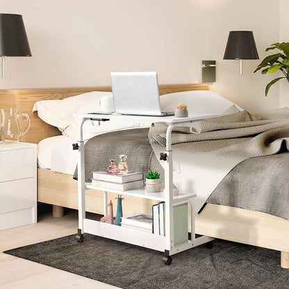 Mobile Laptop Desk with Power Outlets, Height Adjustable TV Tray Table with Storage Shelf, Rolling Computer Table with USB Ports (White)