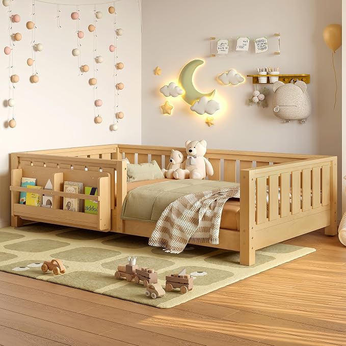 Bellemave Twin Floor Bed with Slats and Safety Guardrail, Twin Size Montessori Floor Bed with Fence and Built-in Bookshelf, Easy Assemble Montessori Beds for Kids, Girls, Boys, Light Natural