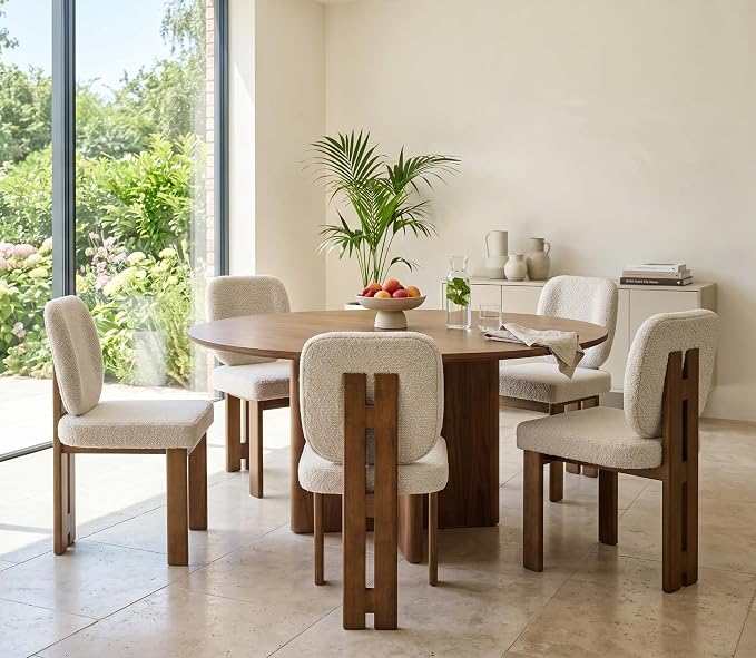 CIMOTA Modern Boucle Dining Chairs Set of 6, Upholstered Armless Side Chairs with Ergonomic Curved Back/Walnut Wood Legs, Mid-Century Accent Chairs for Kitchen or Dining Room, Beige